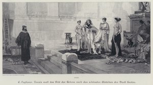 Der antike griechische Künstler Zeuxis wählt aus den schönsten Frauen der Stadt Kroton das Modell für sein Gemälde von Helena von Troja (Stich) von Eleuterio Pagliano