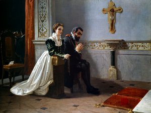 Bianca Cappello und Francesco I. de Medici beten vor einem Kruzifix (Öl auf Leinwand) von Eleuterio Pagliano