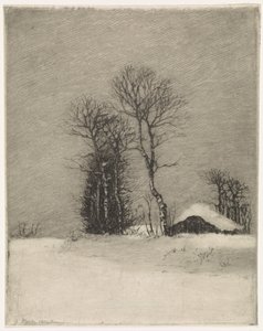 Winterlandschaft mit Bauernhof und Bäumen