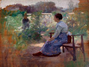 Frau im Garten sitzend