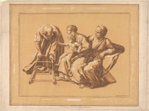 Mutter, Kind, alter Mann mit Baby-Gehgestell auf Rädern von Elisha Kirkall
