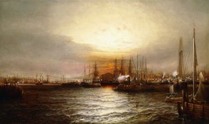 Sonnenaufgang vom Chapman Dock und der alten Brooklyn Navy Yard, East River, New York von Elisha Taylor Baker