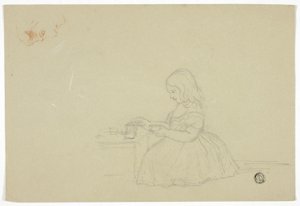 Junges Mädchen gießt Tee ein und Profilskizze (recto), und Skizze einer italienischen Stadtstraße (verso) von Elizabeth Murray