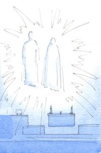 Sobald ich Christus am Tabernakel begrüßte, sah ich ihn hoch im Heiligtum erscheinen, mit seiner Mutter, zu einem Jubiläumsbesuch, 2003 von Elizabeth Wang
