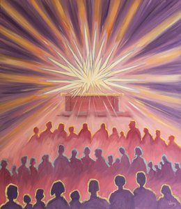 Bei der Messe umhüllt die göttliche Liebe des Vaters Jesus in einem weißen Feuer des Opfers von Elizabeth Wang