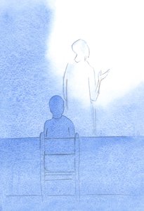 Christus - mit dem Rücken zu mir - wendet sich dem Vater zu und bietet unser Dankgebet und die Gnade vor den Mahlzeiten an