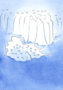 Christus und seine Heiligen im Himmel blicken mit großer Zärtlichkeit auf seine Freunde auf Erden, die über sein Leiden meditieren.