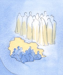Christus und seine Heiligen im Himmel blicken mit großer Zärtlichkeit auf seine Freunde auf Erden, die über sein Leiden meditieren. von Elizabeth Wang