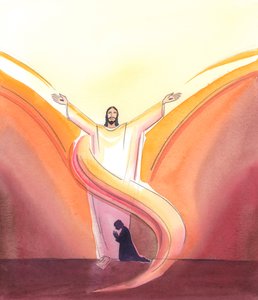 Christus ist wirklich im Tabernakel gegenwärtig, betet ständig für uns, seine Arme im Gebet zum Vater ausgestreckt, den Christus in der Herrlichkeit sieht, die wir noch nicht sehen können von Elizabeth Wang