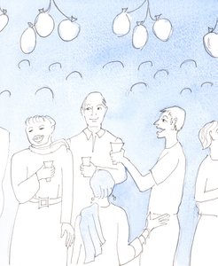 Christus schaut mit Freude zu, wenn wir das Leben oder gute Nachrichten feiern, indem wir Essen und Trinken mit Freunden teilen, auf einer Party, in echter gegenseitiger Freude, mit dem Wunsch, Freude zu schenken und müde Herzen zu trösten von Elizabeth Wang