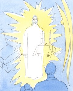 Christus, unser Gott, der in ewiger Herrlichkeit regiert, ist wirklich im Allerheiligsten Sakrament in der Kirche und in den Häusern der Kranken, die die Heilige Kommunion empfangen, gegenwärtig