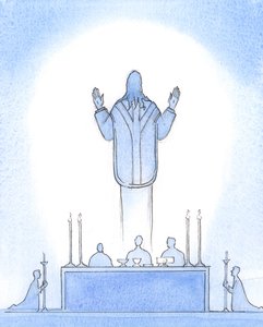 Christus, unser auferstandener Herr, war über dem Altar gegenwärtig, als ob er aus dem Grab aufsteigt, seine Hände zum Vater erhoben, für uns Fürbitte haltend, die an ihn glauben, unseren Hohepriester