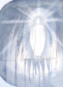 Christus stand vor dem Tabernakel, umgeben von anbetenden Engeln