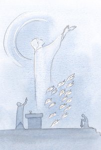 Christus stand im Heiligtum, seine Augen zum Himmel erhoben, Opferflammen nahe seinen Gewändern von Elizabeth Wang