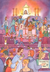 Aus dem Tabernakel schaut Christus traurig zu, als er sieht, wie sein heiliges 