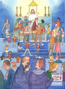 Vom Tabernakel aus sieht Christus traurig zu, wie sein heiliges 