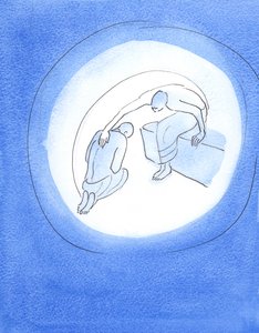Gott der Vater, sich der schrecklichen Kosten der Menschwerdung bewusst, streckt sich durch seinen Heiligen Geist zu seinem geliebten Sohn aus, der bereitwillig zustimmt, zur Erde zu kommen, um uns zu retten