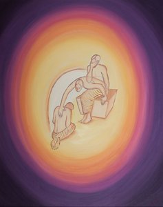 Gott der Vater, sich des schrecklichen Preises der Menschwerdung bewusst, streckt sich durch seinen Heiligen Geist zu seinem geliebten Sohn aus, der bereitwillig zustimmt, zur Erde zu kommen, um uns zu retten