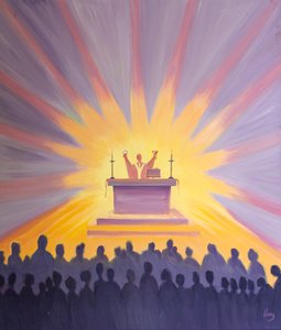 Gottes Licht und Weisheit strömen auf diejenigen herab, die sich um Christi Leib und Blut in der Messe versammeln. von Elizabeth Wang
