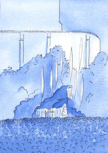 Die Heilige Messe wird in der Grotte in Lourdes gefeiert. Die Engel schweben über der Grotte