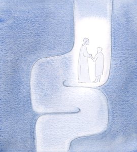 Ich sah, dass Christus mich auf meinen Reisen hält, während wir zum Vater weiterziehen, als ob wir durch verdrehte Tunnel reisen von Elizabeth Wang