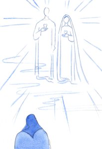 Mir wurden die Zwei Herzen gezeigt: das des sündenlosen Christus und das seiner Unbefleckten Mutter, im strahlenden Licht des Himmels