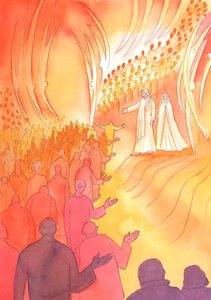 Der gekreuzigte Jesus wartet am Tor des Himmels mit seiner Mutter Maria und den heiligen Engeln von Elizabeth Wang