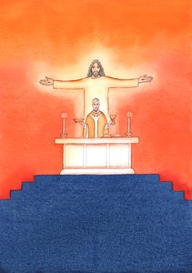 Jesus ist bei uns in der Messe gegenwärtig, betet zum Vater in unserem Namen, um Hilfe in unseren Bedürfnissen und für das ewige Heil. Wir können alle unsere Gebete mit seinem großen Opfergebet vereinen