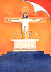 Jesus ist bei uns in der Messe gegenwärtig, betet zum Vater in unserem Namen, um Hilfe in unseren Bedürfnissen und für das ewige Heil. Wir können alle unsere Gebete mit seinem großen Opfergebet vereinen