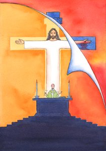 Jesus ist bei der Messe mit uns, betet zum Vater in unserem Namen um Hilfe in unseren Bedürfnissen und um ewiges Heil. Wir können all unsere Gebete mit seinem großen Opfergebet vereinen