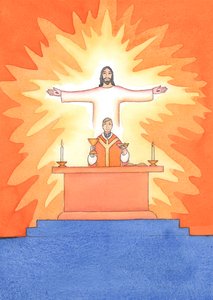 Jesus ist bei der Messe mit uns, betet zum Vater in unserem Namen um Hilfe in unseren Bedürfnissen und um ewiges Heil. Wir können all unsere Gebete mit seinem großen Opfergebet vereinen
