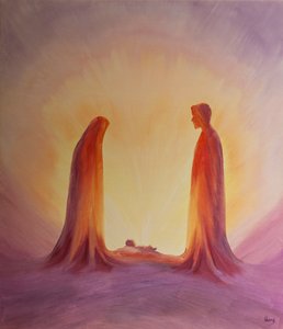 Maria und Josef blicken mit Glauben auf das Jesuskind bei seiner Geburt von Elizabeth Wang