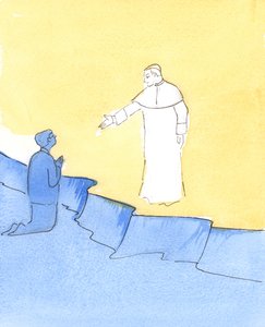 Papst Johannes Paul steht im Himmel und streckt seine Hand zur Begrüßung aus, während wir um seine Hilfe bitten von Elizabeth Wang