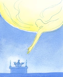Der Vater nimmt unsere Gaben von Brot und Wein an, als ob er sich vom Himmel wie ein freundlicher Elternteil neigt, um Geschenke von einem Kind anzunehmen, 2003 von Elizabeth Wang