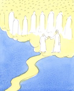 Die gesegnete Seele, die bis zum Ende in der Liebe zu Christus und ihrem Nächsten ausgeharrt hat, wird von Christus an der Hand geführt, um die himmlischen Freunde zu treffen, die versammelt sind, um sie in ihrer Gemeinschaft willkommen zu heißen