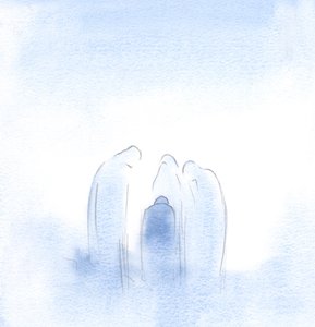 Die Heiligen beugten sich vor, in großer Sorge, wie Eltern, die ein Kind trösten, das von einem bösen Traum erschreckt wurde. von Elizabeth Wang