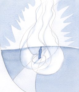 Die Seele, deren Wille dem Gottes entspricht, ist in Gottes Liebe eingehüllt: geführt von Christus, geleitet vom Geist, zum Vater gehend; Drei Personen, die eine Flamme geben