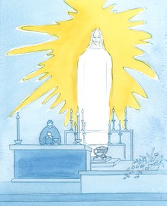 Wahrlich, Christus, unser Gott, ist vor uns gegenwärtig, Leib, Blut, Seele und Gottheit: In Herrlichkeit bei jeder Messe gegenwärtig, um für uns beim Vater zu beten