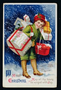 Junge mit Geschenken, frühe 20. Jahrhundert Weihnachtskarte (Farbstich) von Ellen Hattie Clapsaddle