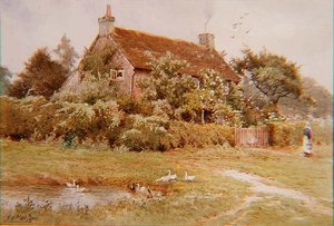 Eine Frau und Enten nahe einem Cottage im Sommer von Elliot Henry Marten