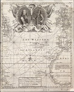 Eine neue Karte oder ein Diagramm des westlichen oder Atlantischen Ozeans mit Teilen von Europa, Afrika und Amerika: zeigt den Kurs der Galeonen zu und von den Westindischen Inseln von Emanuel Bowen