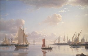 Blick von Langelinie auf die königlichen Marinewerften in Nyholm, Kopenhagen. Morgenlicht von Emanuel Larsen