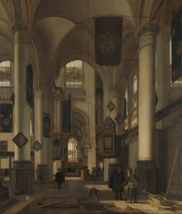 Innenansicht einer protestantischen gotischen Kirche mit Motiven aus der Oude und Nieuwe Kerk in Amsterdam von Emanuel de Witte
