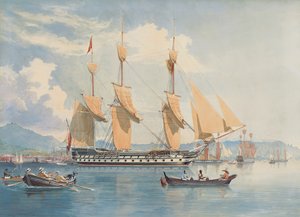 HMS Ganges vor Anker liegend und ihre Segel vor Rio de Janeiro trocknend von Emeric Essex Vidal