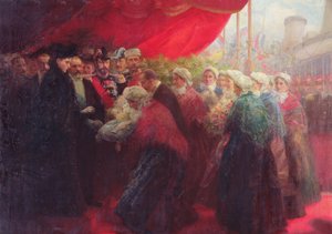 Die Bazennes bieten Alix von Hessen-Darmstadt, Kaiserin von Russland, in Dünkirchen 1901 einen Silberfisch an von Emil Benediktoff Hirschfeld