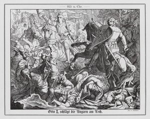 Otto I. von Deutschland besiegt die Magyaren in der Schlacht auf dem Lechfeld, 955 (Gravur) von Emil Eugen Sachsse