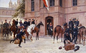 Kronprinz Ludwig IV. von Hessen-Darmstadt verabschiedet Cornelius Heyl vor dem Schlosschen in Worms, bevor er 1870 in die Schlacht von Sedan zieht von Emil Huenten
