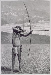 Ein Veddah aus Ceylon schießt mit dem Bogen, aus 