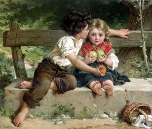 Junge küsst Mädchen und gibt ihr Äpfel, nach E. Munier von Émile (after) Munier