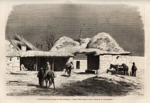 Ein Karawanserei im Dorf Alt-Taschkent (oder Taschkend), Hauptstadt von Russisch-Turkestan, Gravur nach einer Zeichnung von Emile Bayard, Illustration der Reise von Basile Vereschagin nach Zentralasien 1867-1868, veröffentlicht in „Le tour du monde“ 1873, 